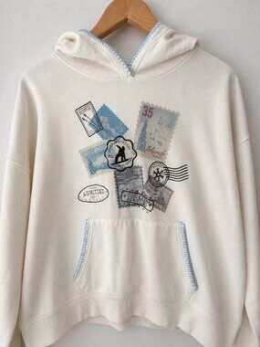 Colorado Ski Hoodie Ivory Blue Trim Travel Stamp Graphic Y2K | Size Youth Large